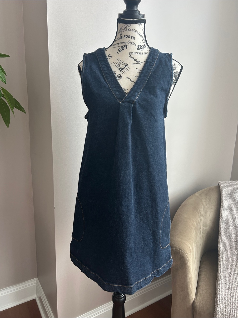 Sleeveless Dark Indigo Denim V-Neck Mini Dress